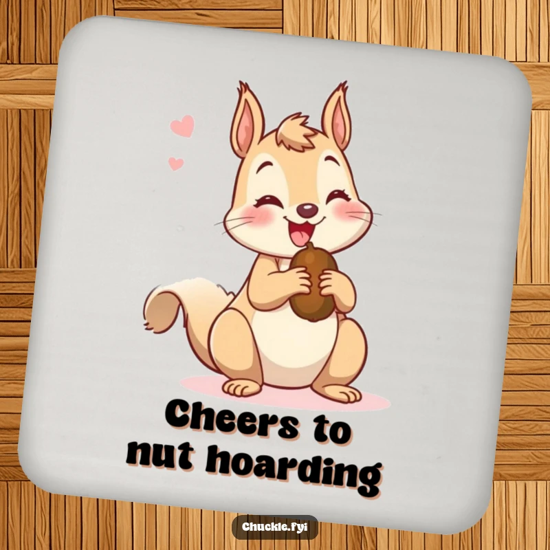 Funny drink coaster showing a mischievous squirrel chattering happily while holding a nut, protecting surfaces with a humorous design.