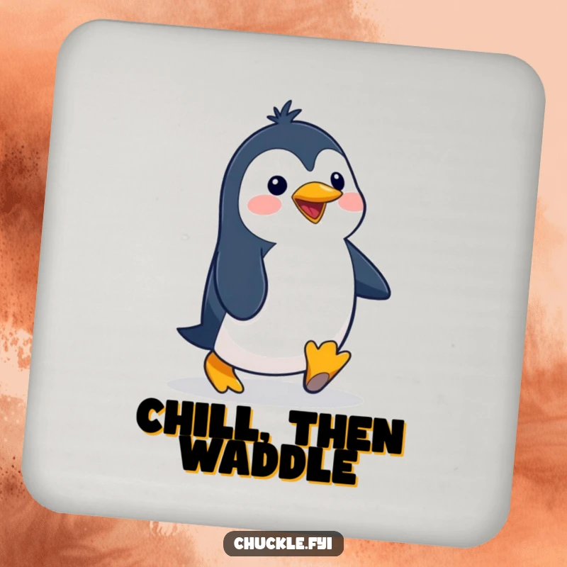 Funny penguin drink coaster set featuring a delighted cartoon character waddling with a silly, exaggerated gait, perfect for humorous table protection.