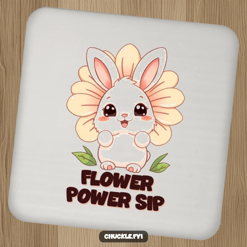 Funny fluffy bunny drink coaster character with wide, curious eyes, peeking from behind a giant, laughing flower, for stylish protection.