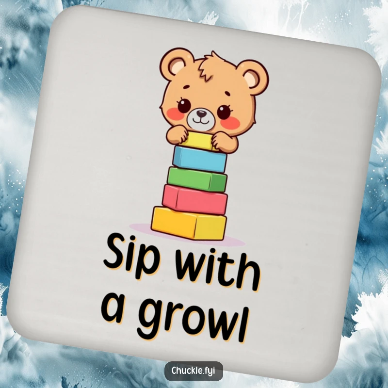 Funny bear cub drink coaster featuring a brave little bear cub attempting to balance a wobbly stack of colorful blocks.