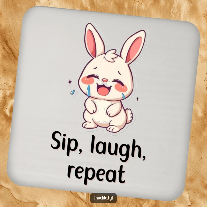 Funny kawaii bunny giggling uncontrollably, tears of joy streaming, on a drink coaster, protecting surfaces with laughter.