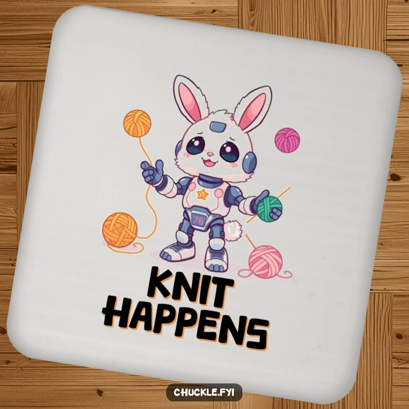 Funny Drink Coaster showcasing a fluffy bunny robot juggling colorful yarn balls, adding a touch of whimsy to any table. Protects surfaces with style.