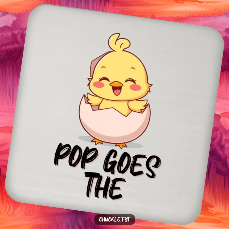 Funny Drink Coasters: A happy chick character hatches from an egg with a chirp, protecting surfaces with cute humor.