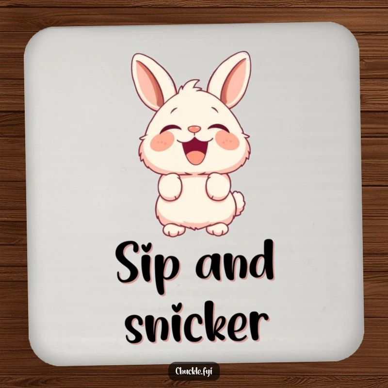Funny Fluffy Bunny Coaster depicting a rabbit with perked ears captured in a moment of side-splitting laughter.