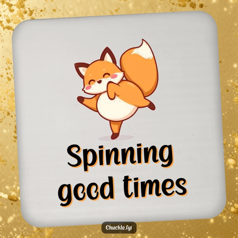 Funny fox coaster showing a playful fox doing a happy cartwheel, adding humor to your drink setup.