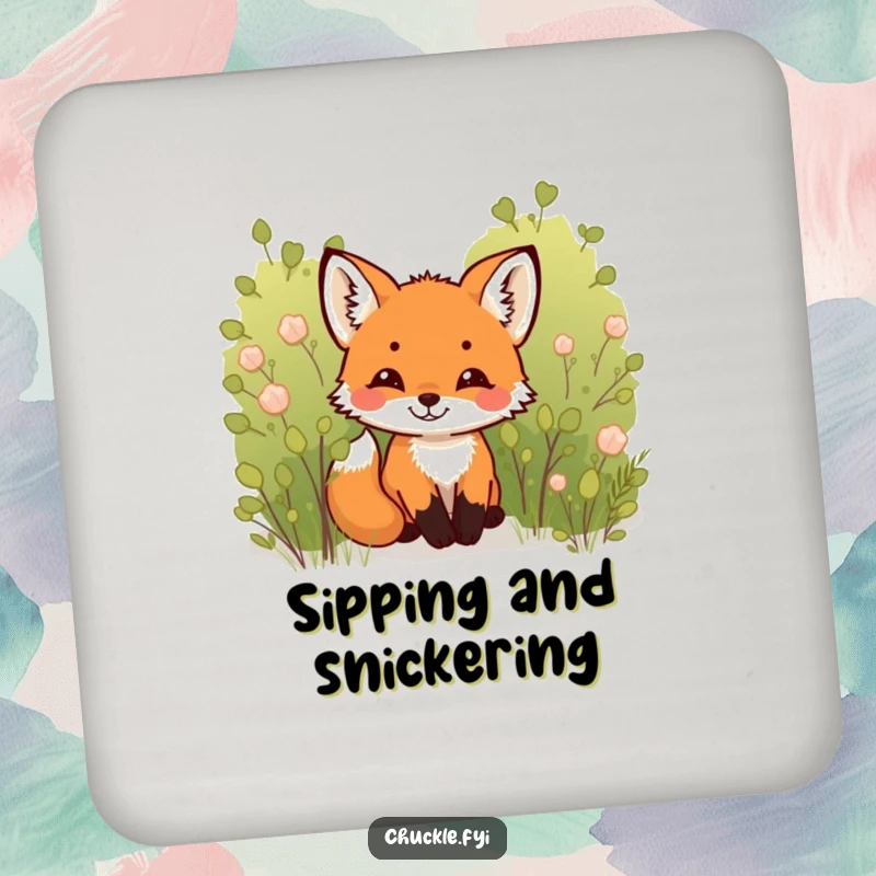 Funny Fox Cub Coaster: A tiny, endearing fox cub peeking from a bush, sharing a happy chuckle, protecting your furniture.