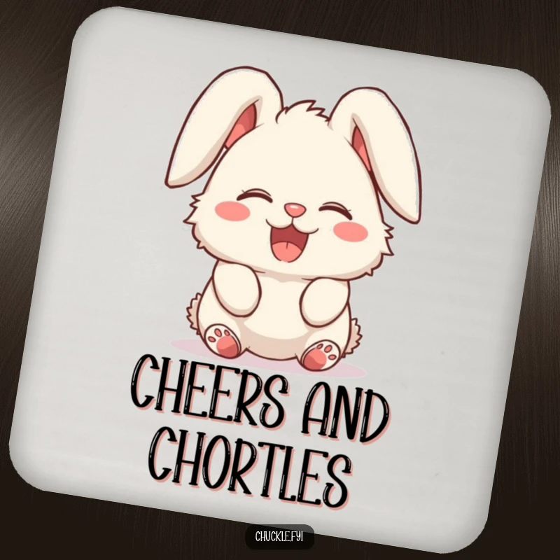 Funny drink coaster featuring a fluffy bunny character giggling uncontrollably, ears flopped over in delight. Cute surface protection.