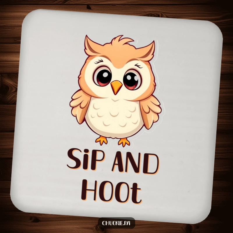 Funny Owl Drink Coaster showing a cartoon owl with wide eyes, chuckling heartily, ruffled feathers, protecting surfaces with humor.