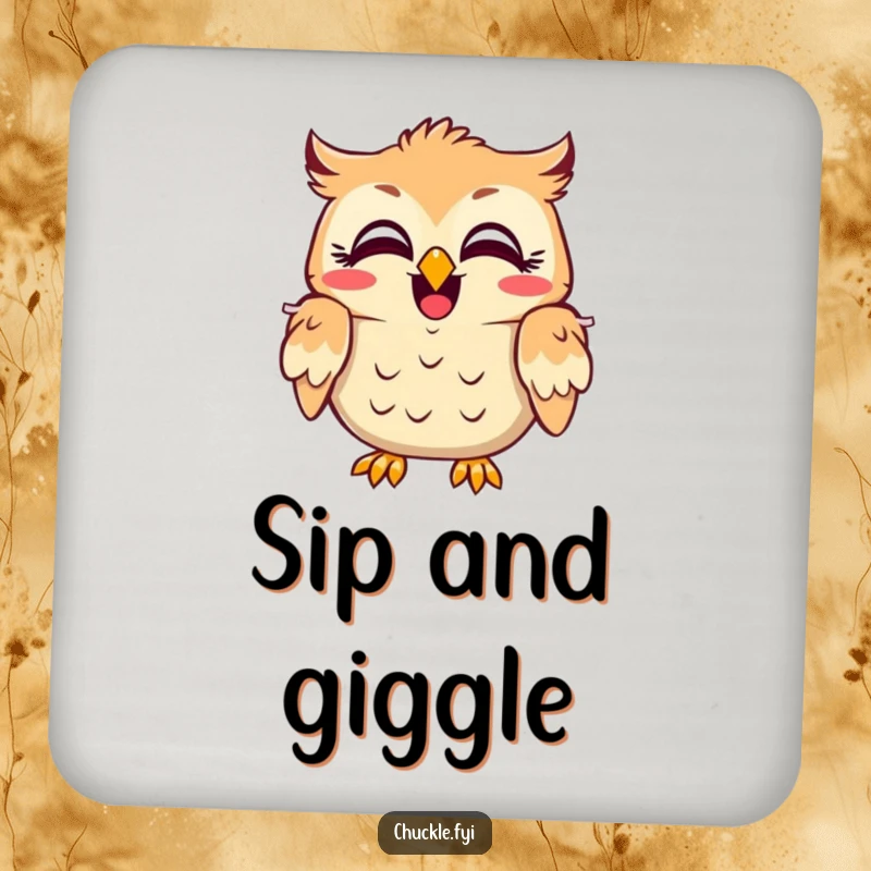 Funny owl drink coaster featuring a character with wide, amused eyes, head shaking in laughter, protecting surfaces with humor.