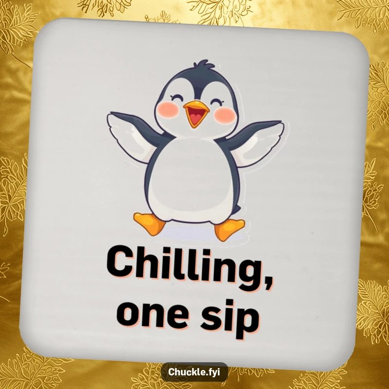 Funny penguin drink coaster featuring a joyful penguin waddling with wings spread wide, perfect for tabletops.