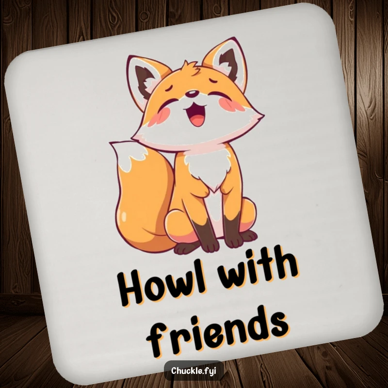 Funny Playful Fox Coaster depicting a fox with head thrown back, joyfully howling, a fun table accessory.