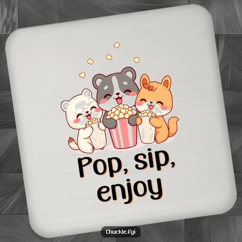 Funny drink coaster showing three cute animal characters delightedly sharing popcorn, a humorous addition to any drink setting.