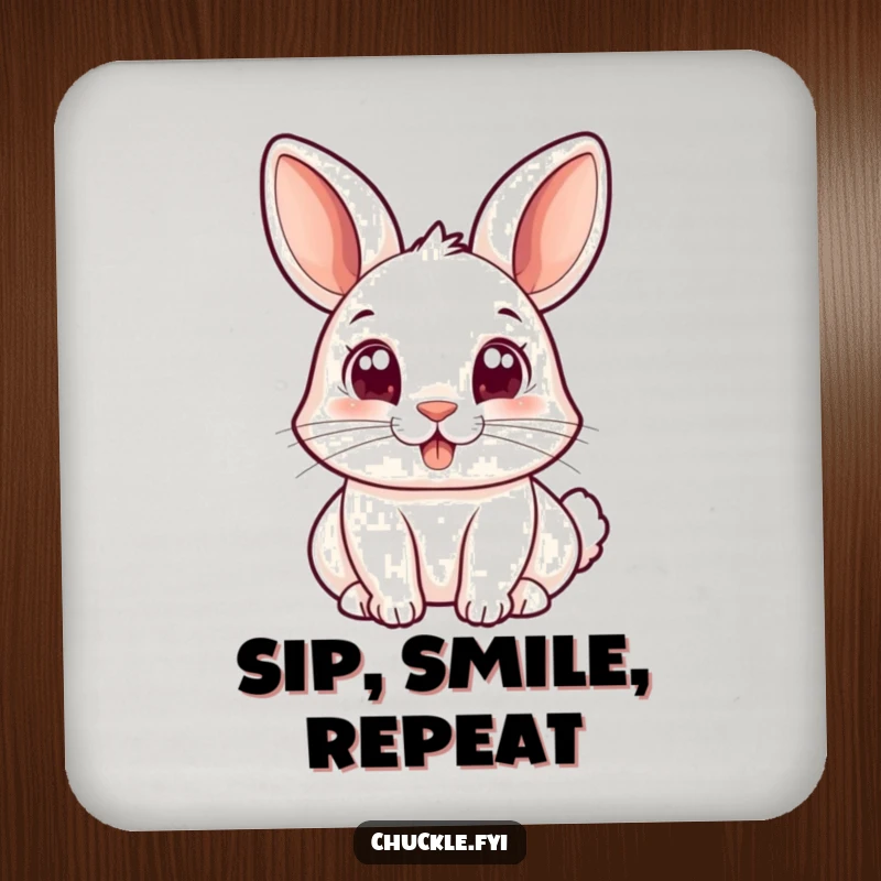 Funny drink coaster showing a small rabbit with wide, joyful eyes bopping its nose, protecting surfaces with a charmingly humorous design.