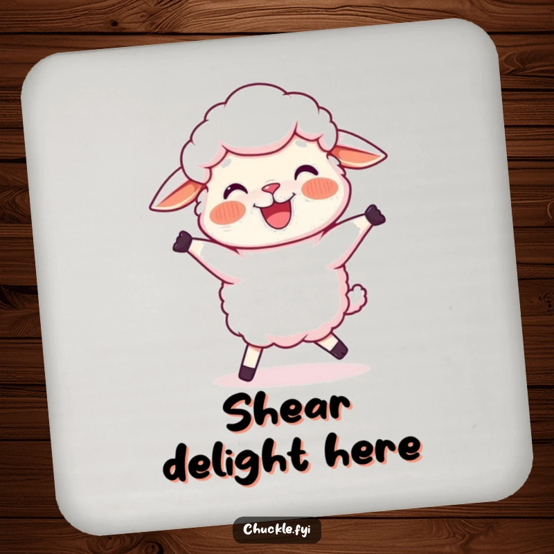 Funny Sheep Drink Coaster showing a joyful cartoon sheep, rosy cheeks, doing a silly, wobbly dance, protecting surfaces with charm.