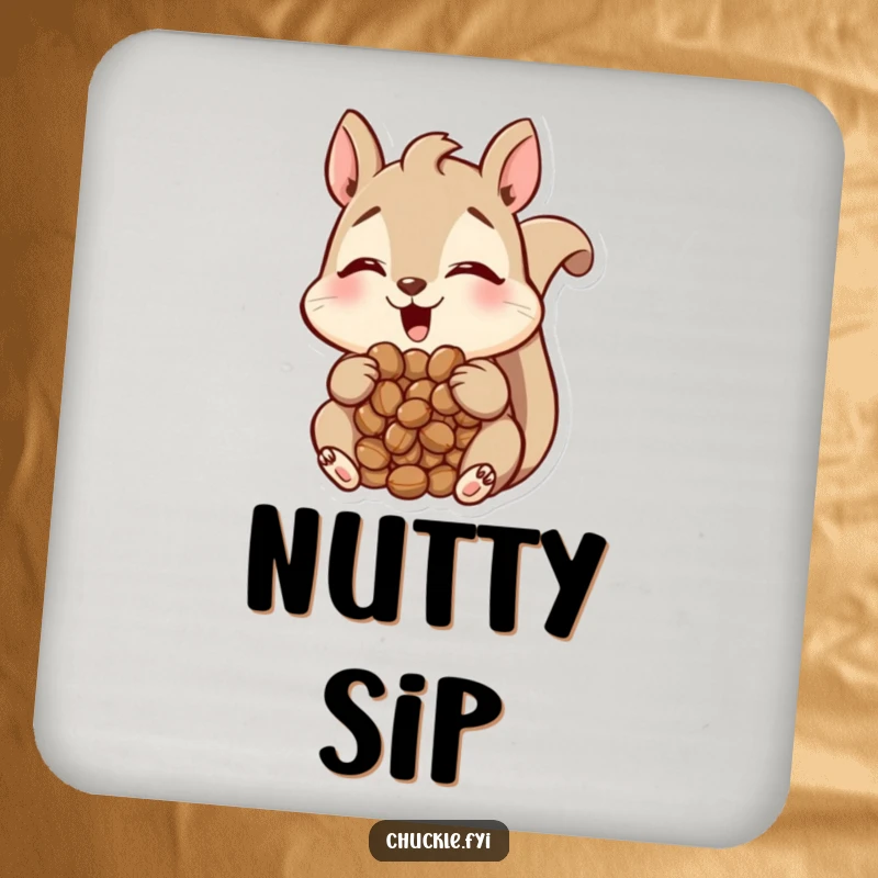 Funny Squirrel Drink Coasters set featuring a happy squirrel with a mouth full of nuts, looking amused, cute and humorous, perfect funny gift.