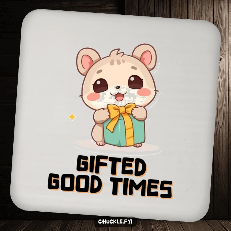 Funny drink coaster showing a cute animal character with wide, wondering eyes excitedly unwrapping a gift, a humorous addition to any drink setting.