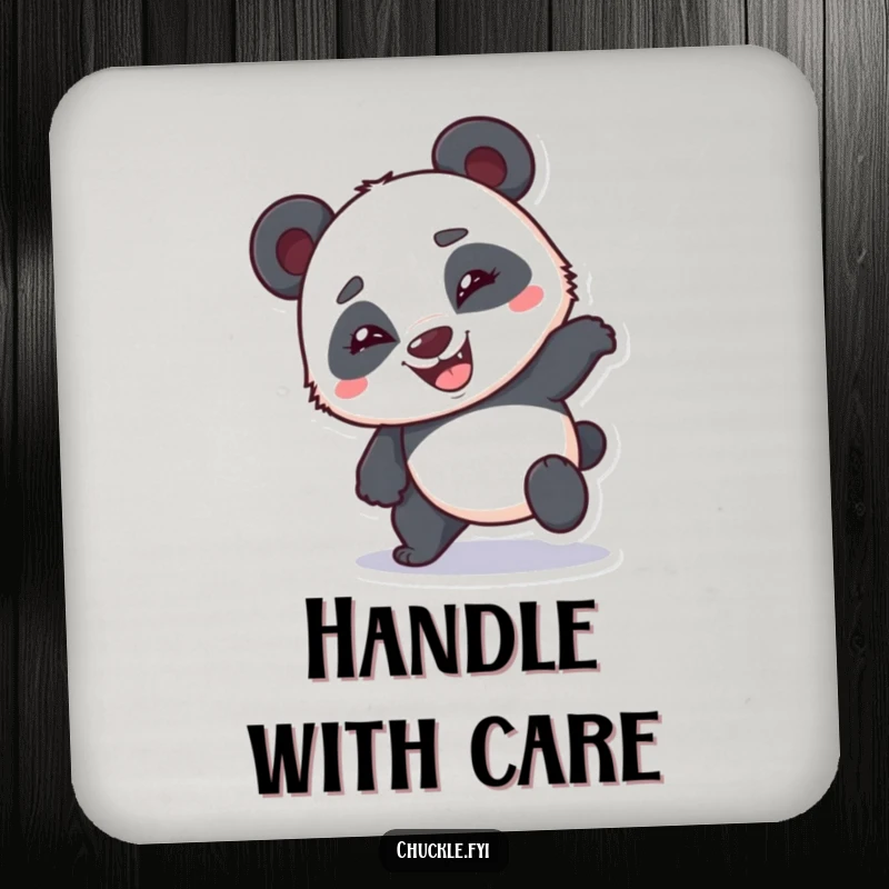 Funny bumbling panda coasters featuring a clumsy panda stumbling with a goofy grin, protecting surfaces with humor.