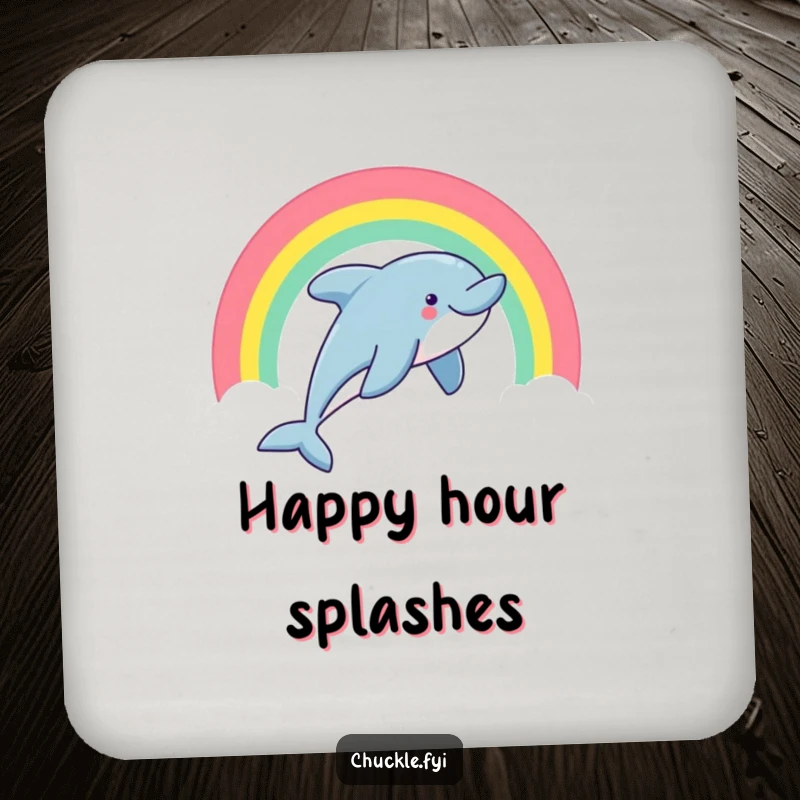 Funny dolphin drink coaster featuring a happy dolphin leaping through a rainbow, perfect for tabletops.