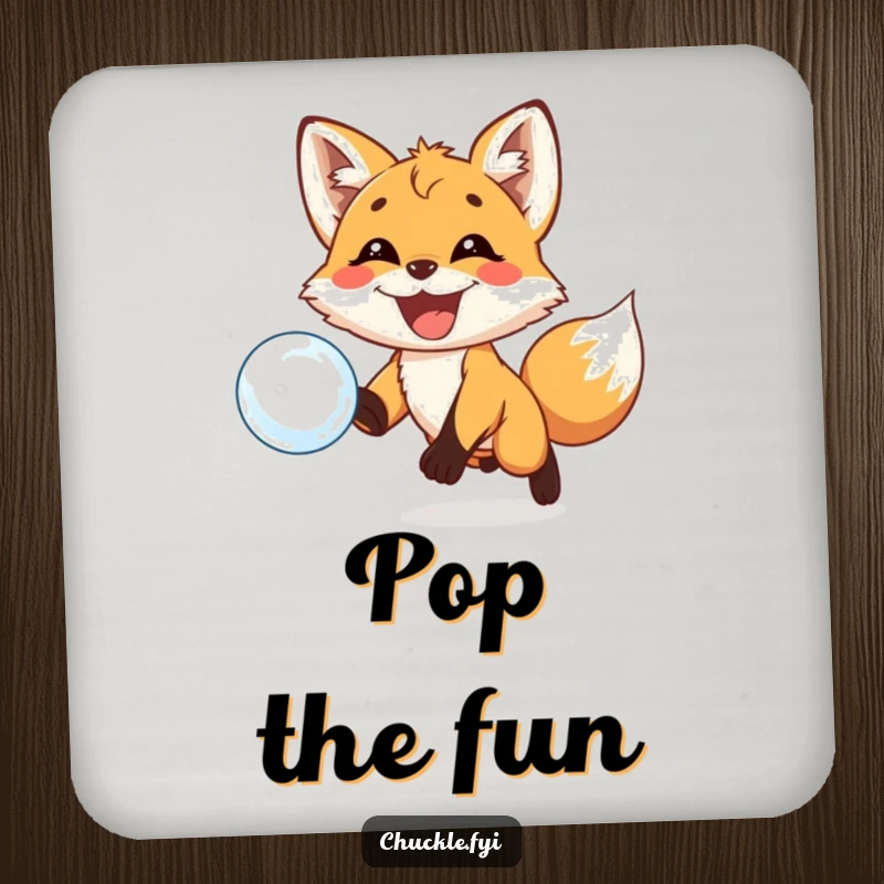 Funny drink coaster featuring a playful fox cub with a huge grin chasing a floating bubble.
