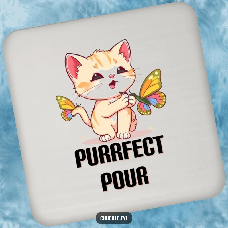 Funny Kitten Drink Coasters set featuring a curious kitten chasing a butterfly and purring loudly, cute and humorous, perfect funny gift.
