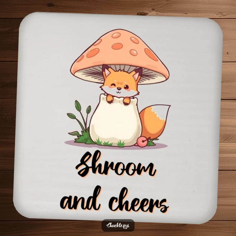 Funny Fox Drink Coasters set featuring a playful fox peeking from behind a chuckling mushroom, cute and humorous, perfect funny gift.