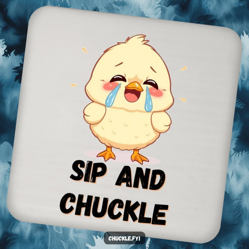 Funny drink coaster showing a fluffy chick cracking up, tears of joy streaming, protecting surfaces with a humorous design.