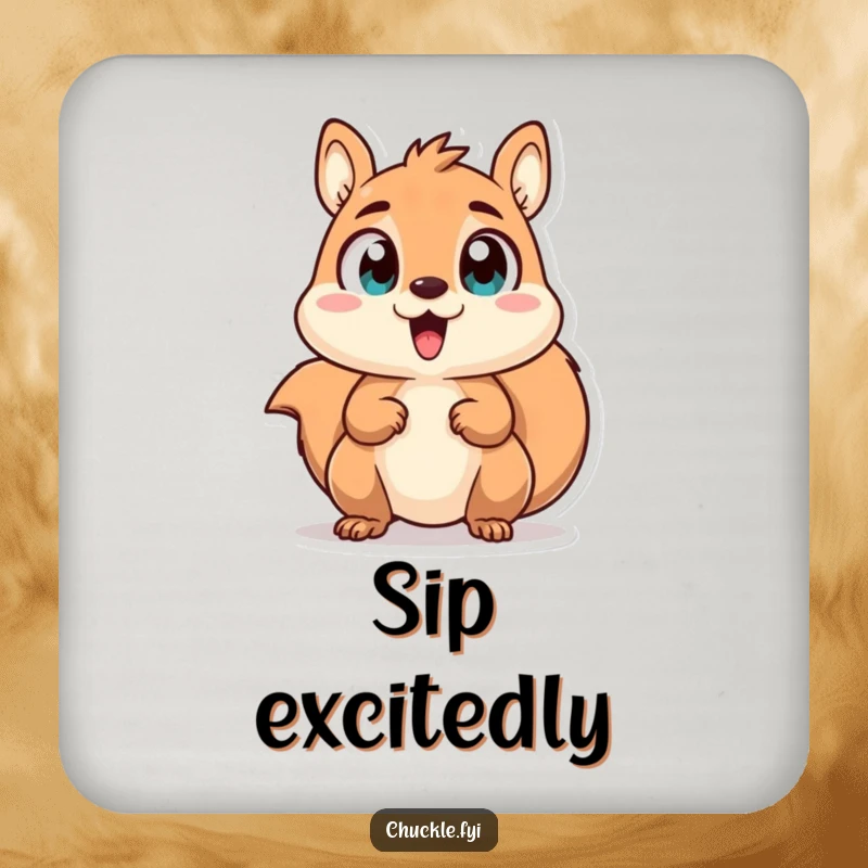 Funny coaster with a chattering squirrel character with wide, excited eyes, bringing playful energy to tabletops.