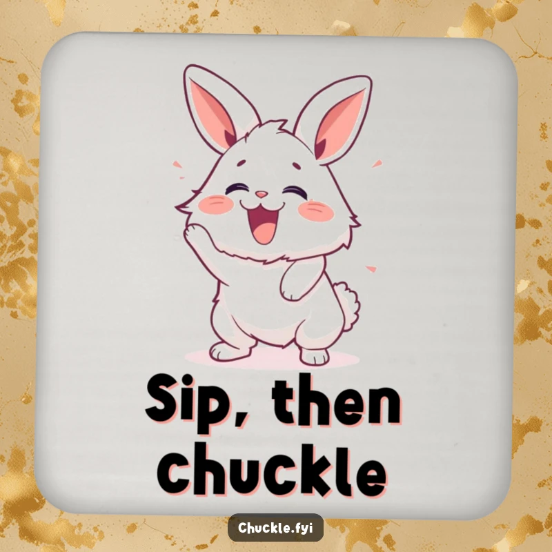 Funny drink coaster with a fluffy bunny shaking with laughter, protecting surfaces with pure amusement.