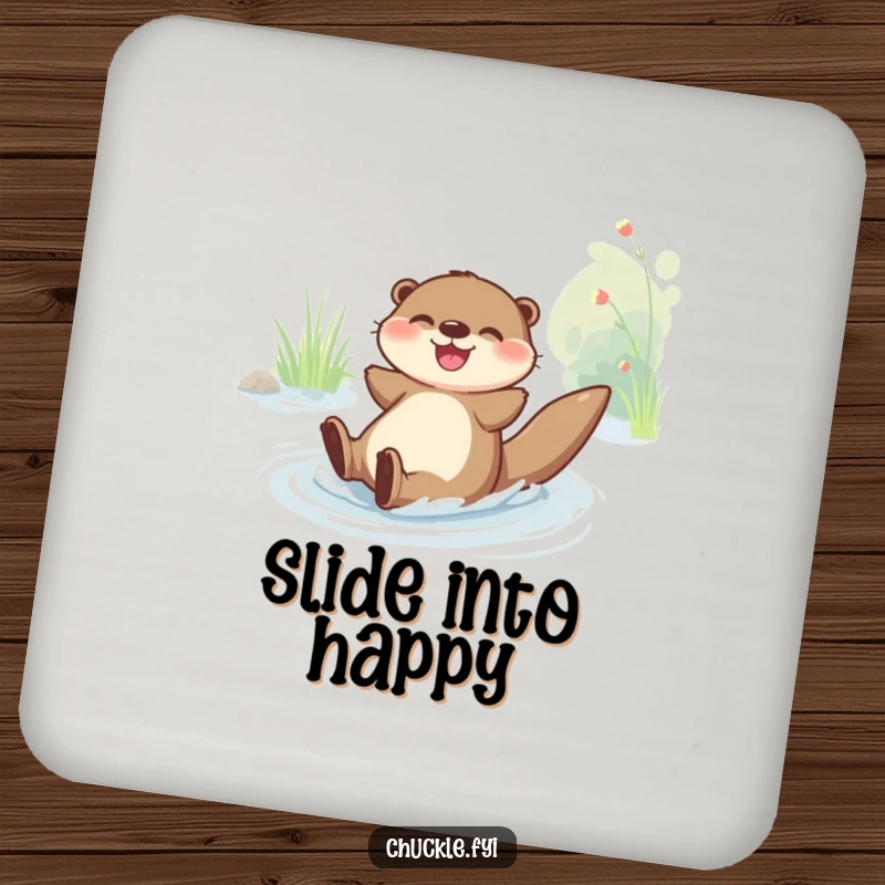 Funny Drink Coasters: A joyful otter character slides down a riverbank with glee, protecting surfaces with playful humor.