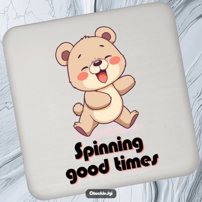 Funny Bear Cub Coaster: A giggling bear cub comically chasing its own tail, protecting surfaces with humor.
