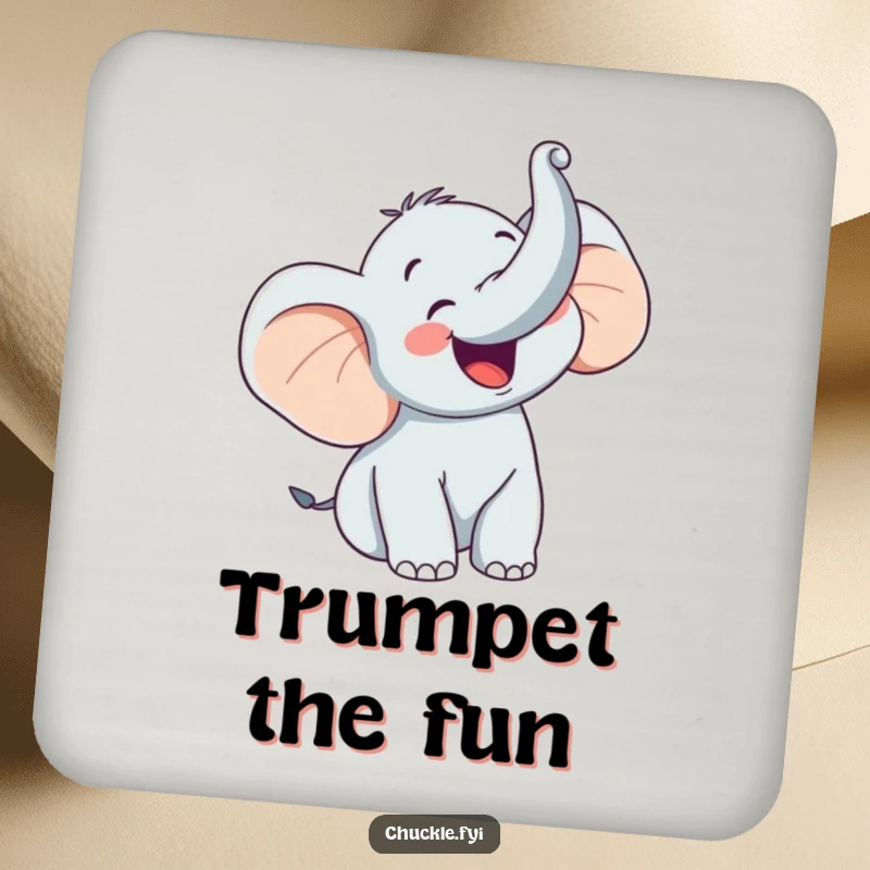 Funny drink coaster featuring a happy elephant character trumpeting with glee, trunk raised high, adding joyful charm to surfaces.