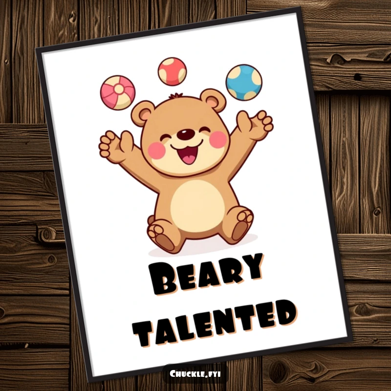Funny poster featuring a cheerful bear character juggling three colorful balls, a wide, happy smile on its face. Joyful and skilled art.