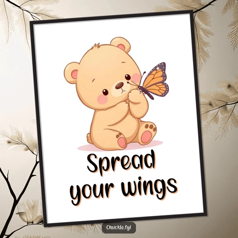 Funny poster capturing a bear cub's playful paw reaching out to gently tickle a butterfly, evoking feelings of innocence and delight.
