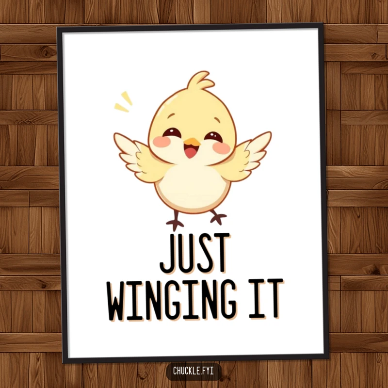 Funny bird poster featuring a happy, small bird in mid-air, wings fluttering, emitting a cheerful chirp with a joyful expression.