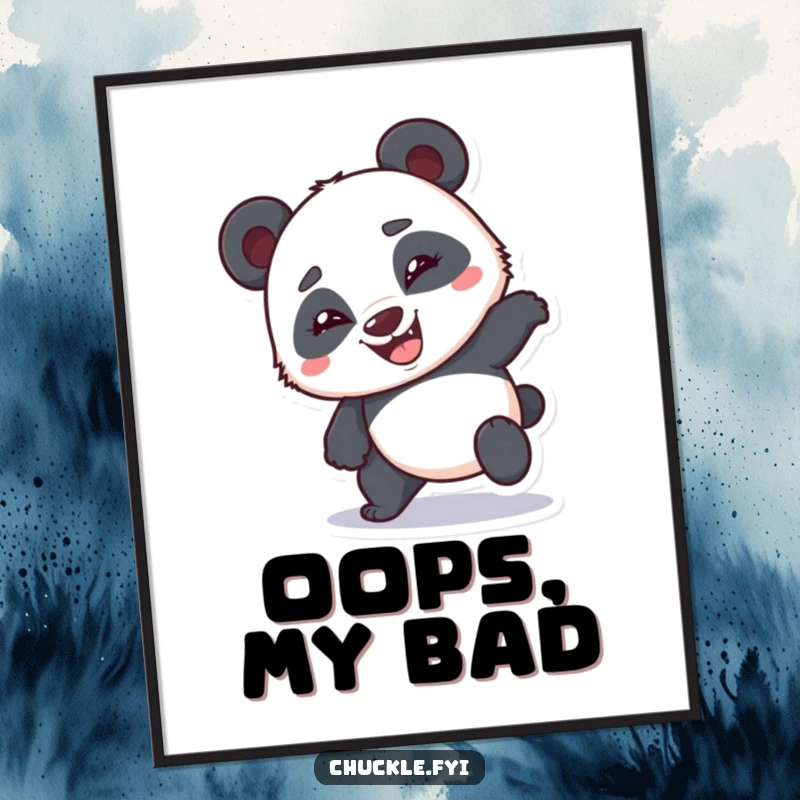 Funny bumbling panda poster featuring a clumsy panda stumbling with a huge goofy grin, great for funny wall art.