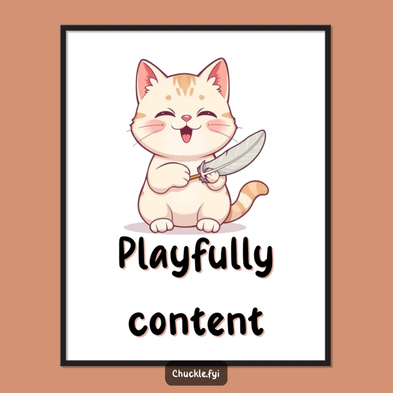 Funny Cat Poster: Contented Kitty Batting Feather Toy Art