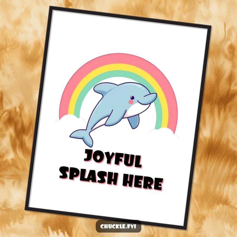 Funny dolphin poster print of a smiling dolphin leaping through a rainbow arc, excellent wall decor.