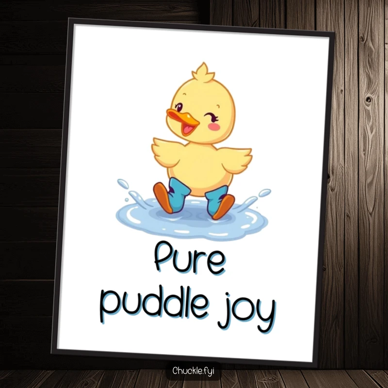 Funny Duck Boots Poster: A cheerful duck in boots splashing gleefully in a puddle, bringing vibrant, humorous energy to the decor.