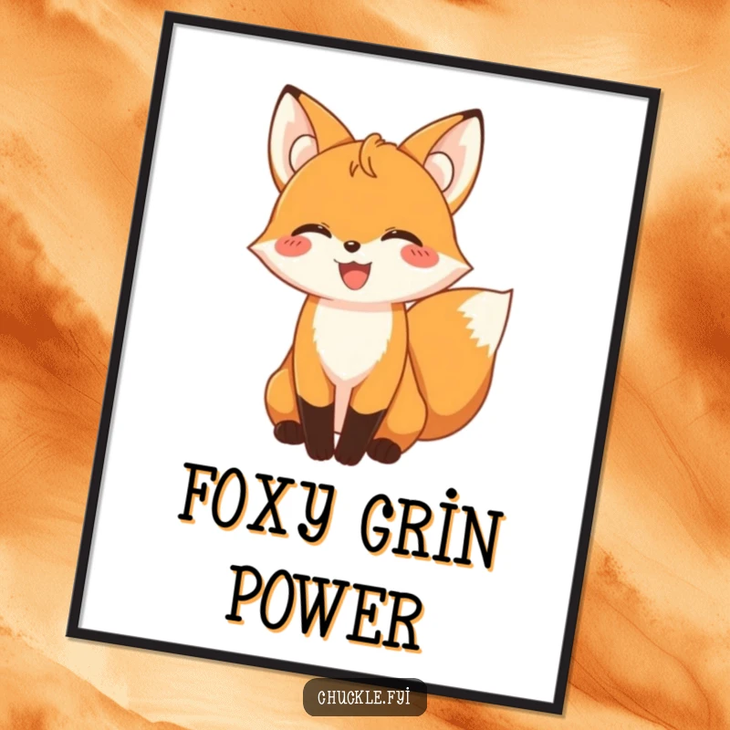 Funny giggling fox with its tail wagging in delight, presented as a cheerful wall art poster.