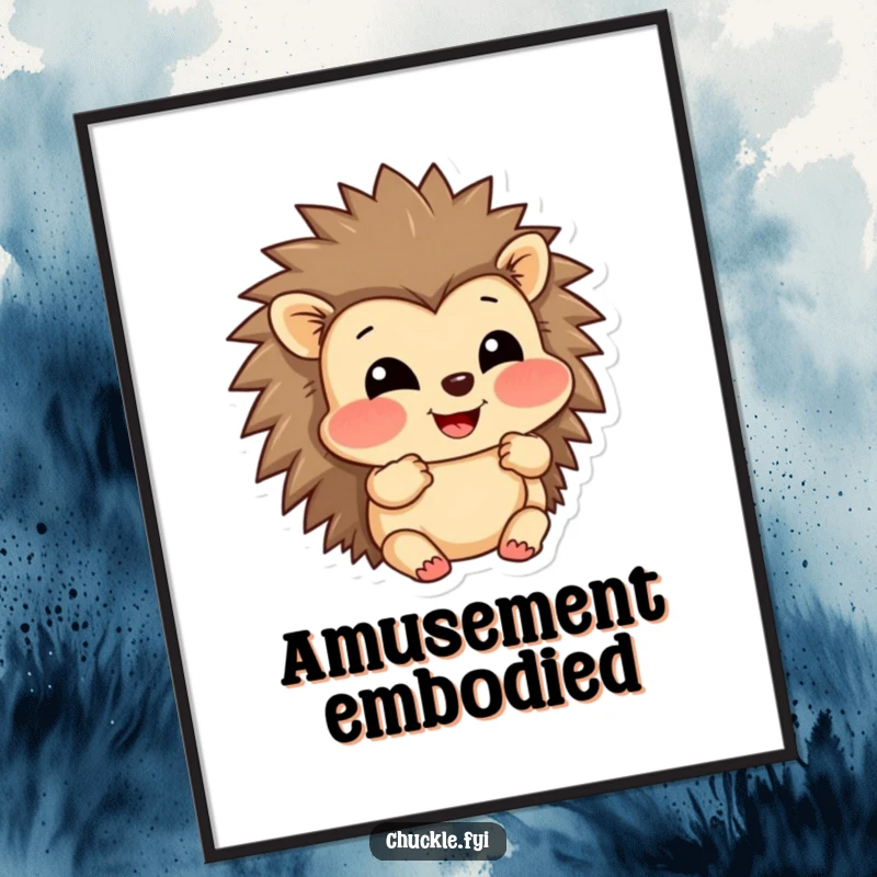 Funny poster art of a grinning hedgehog character puffing out its cheeks in a comical expression of amusement.