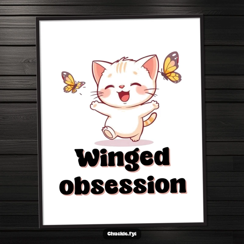 Funny kitten butterfly poster showcasing a delighted kitten joyfully chasing a fluttering butterfly, a charming funny gift.