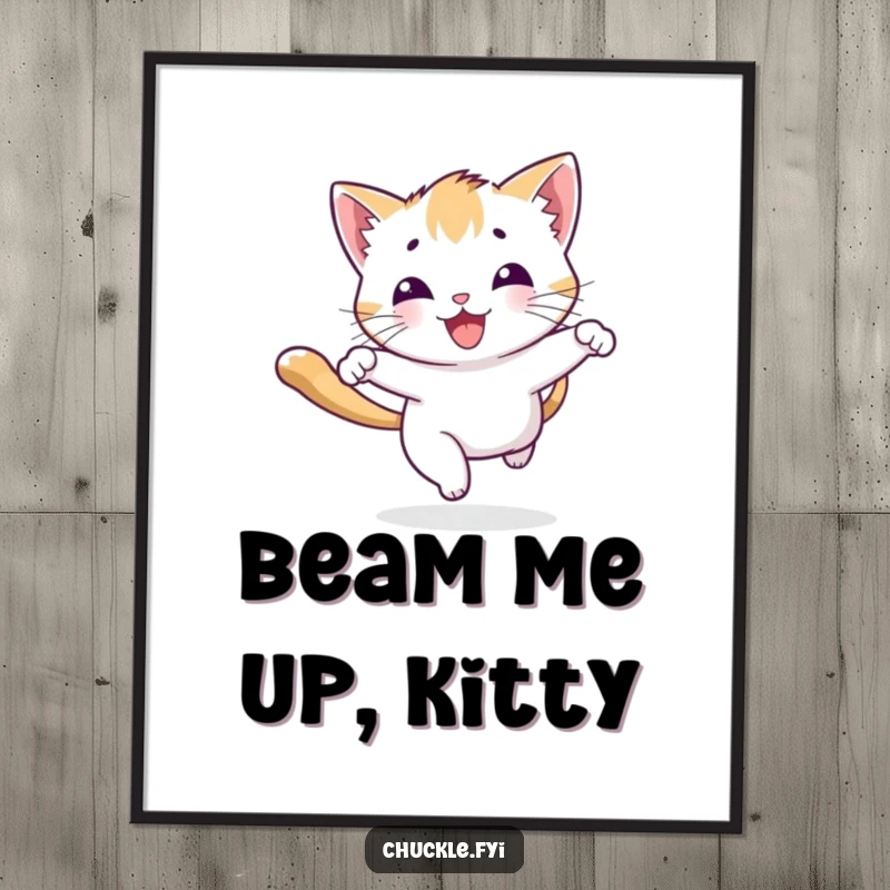 Funny playful kitten poster character chasing a beam of light with a joyous bounce, adding whimsical wall art.