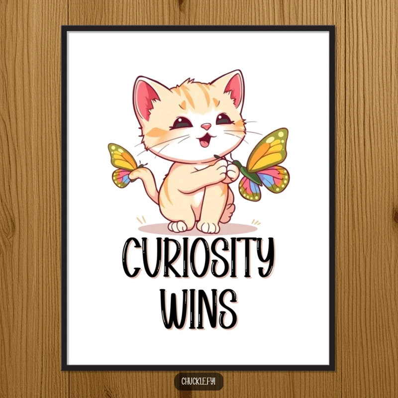 Funny Kitten Poster showing a curious kitten chasing a brightly colored butterfly, purring loudly, capturing playful joy, a perfect funny gift.