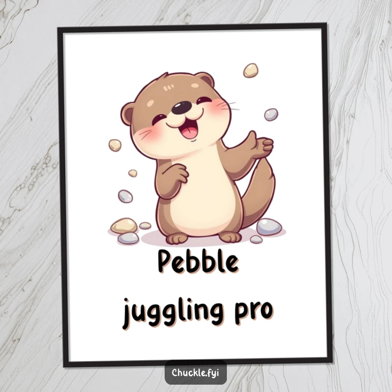 Funny otter juggling shiny pebbles on a wall poster, capturing a moment of pure, delightful fun.