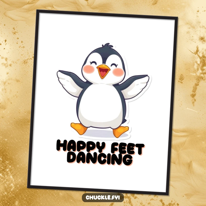Funny penguin poster print of a joyful penguin waddling with wings spread wide, adding humor to walls.
