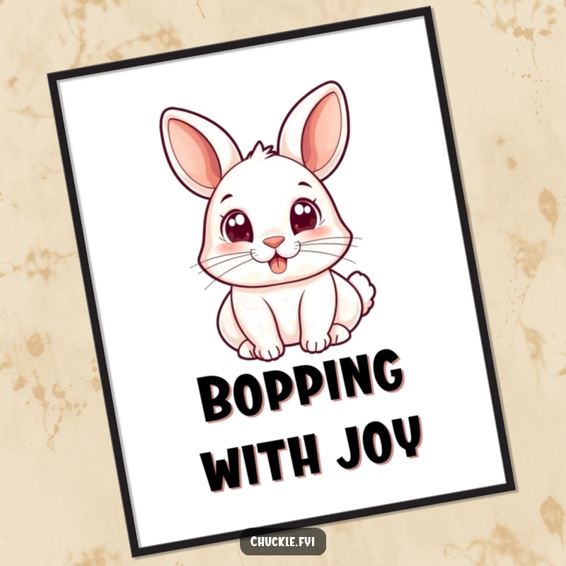 Funny poster of a small rabbit with wide, joyful eyes bopping its nose, creating a visually charming and heartwarming piece of art.