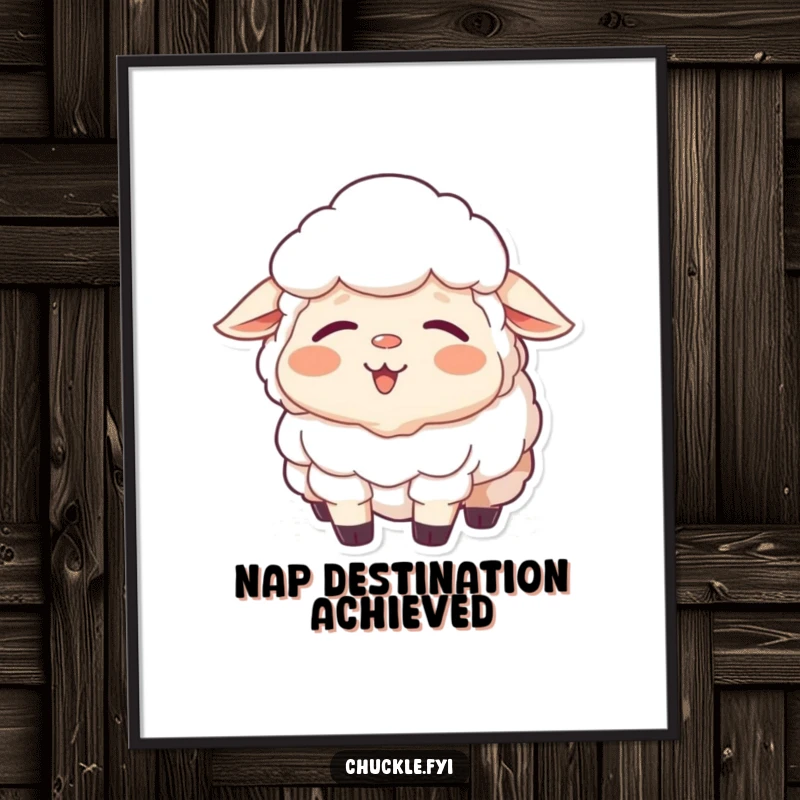 Funny Sheep Poster: A sleepy sheep mid-yawn, displaying a broad, happy, contented smile, creating peaceful, funny art.