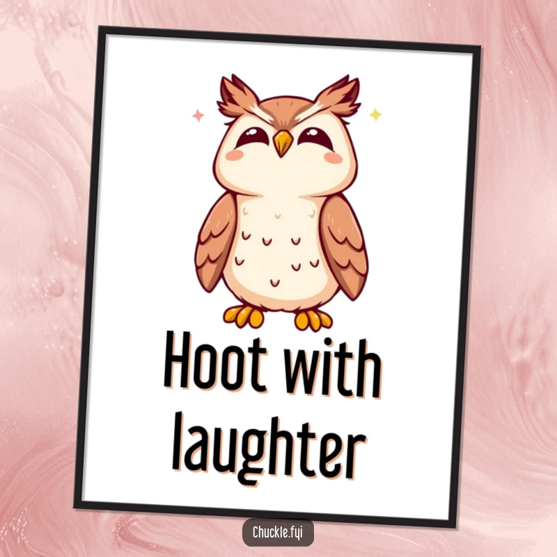Funny Kawaii owl poster featuring a cute owl tilting its head back, letting out a joyful hoot, radiating wisdom and amusement.