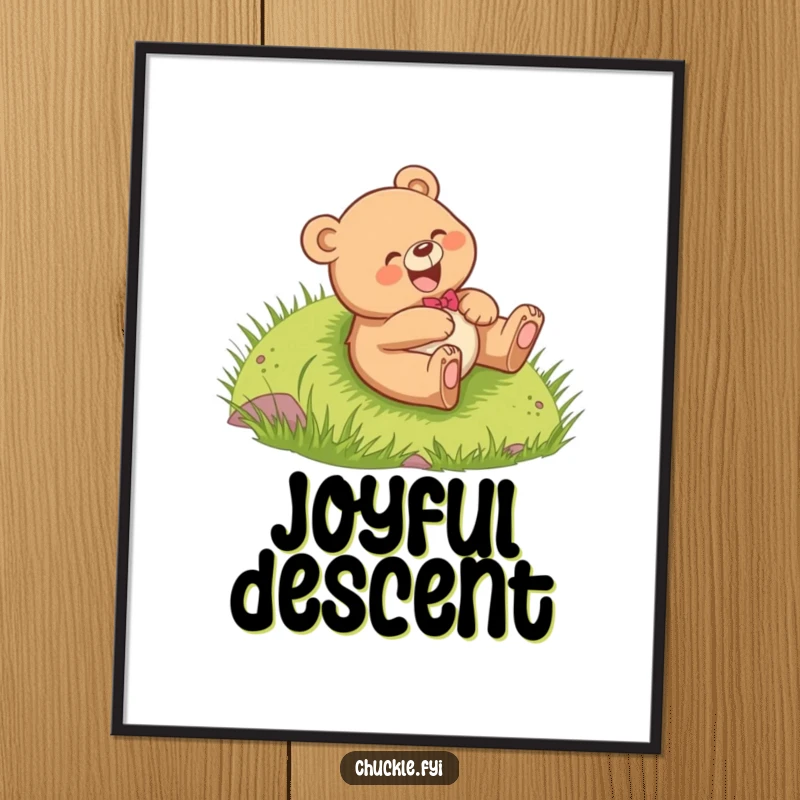 Funny Bear Cub Poster showing a cheerful cub giggling while rolling down a grassy hill, capturing pure fun, a perfect funny gift.