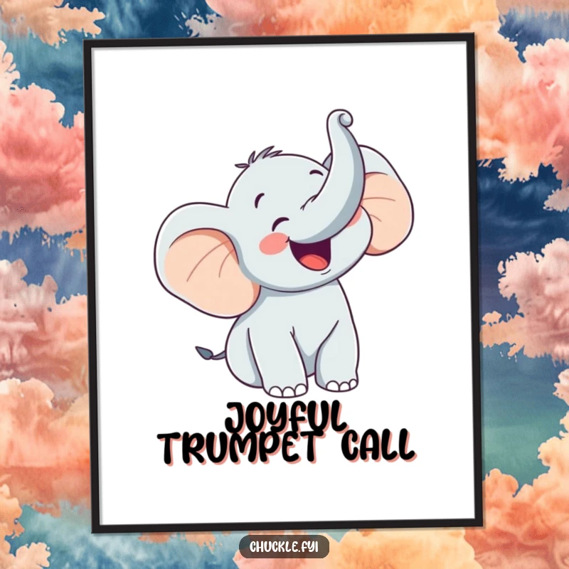 Funny poster of a happy elephant character trumpeting with glee, trunk raised high, embodying pure, joyous celebration.